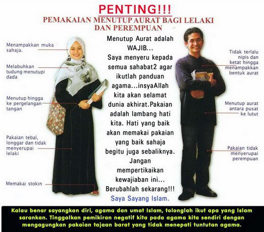 Poster panduan pemakaian menutup aurat bagi lelaki dan perempuan: wanita bertudung labuh dan berstoking, lelaki berpakaian longgar menutup pusat hingga lutut