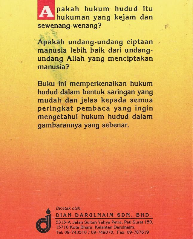 Kulit belakang buku Mengenal Hukum Hudud terbitan Dian Darulnaim Sdn. Bhd., Kota Bharu