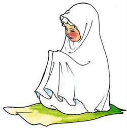 Lukisan seorang kanak-kanak perempuan bertelekung putih duduk di atas sejadah hijau