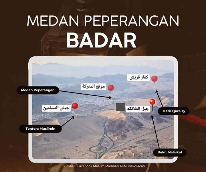 Peta lokasi medan Perang Badar: kedudukan tentera Muslimin, kafir Quraisy, tapak pertempuran dan Bukit Malaikat