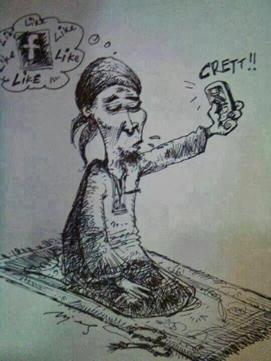 Karikatur seorang lelaki mengambil swafoto dengan telefon ketika berada di atas sejadah
