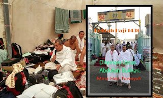 Jemaah berihram berehat di dalam khemah Mina pada hari Tarwiyah, dengan gambar sisipan Dr. Abu Anas Madani bersama Ustaz Abdullah Bukhari