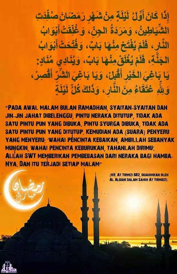 Poster hadis riwayat at-Tirmizi no. 682 tentang syaitan dibelenggu dan pembebasan daripada neraka setiap malam Ramadan